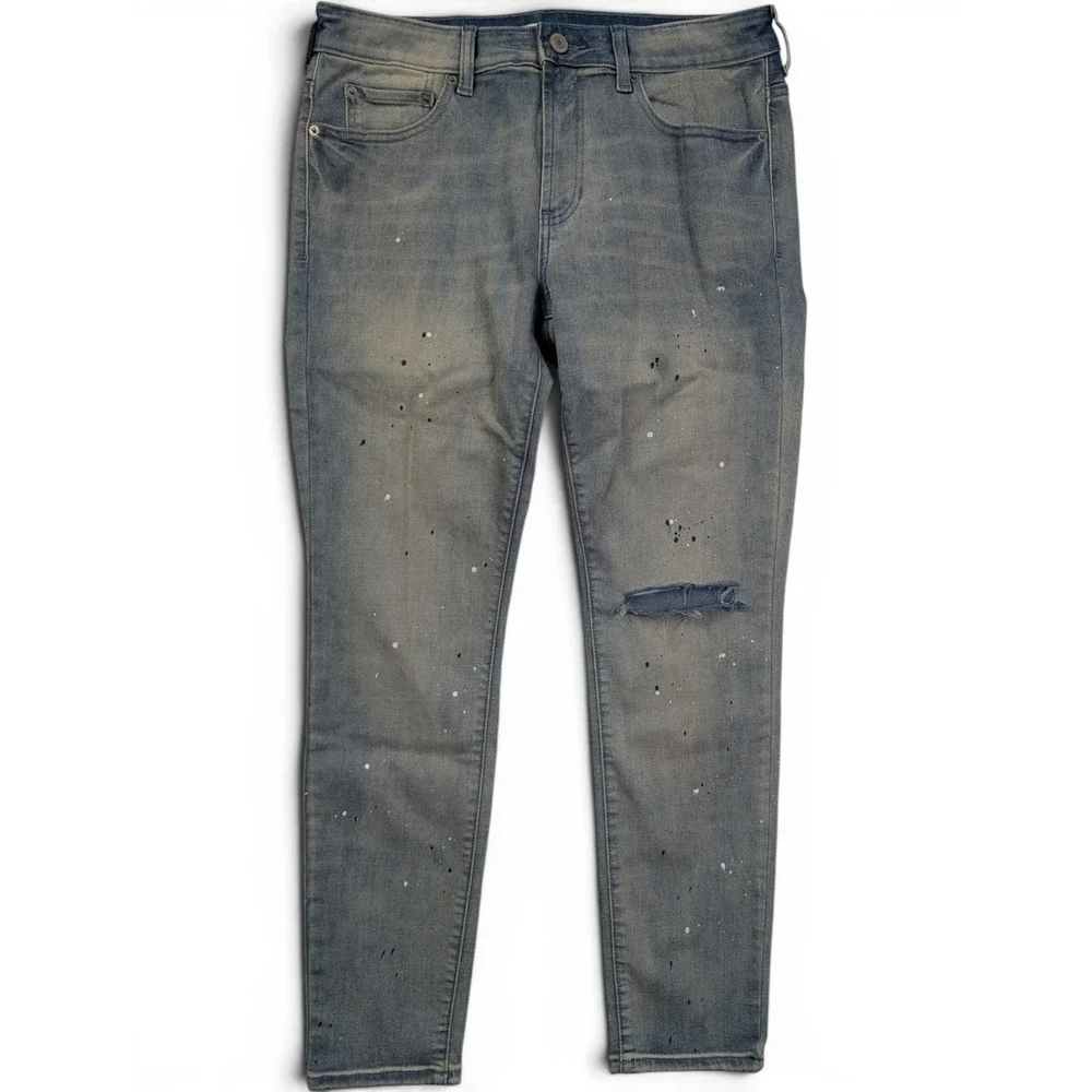 PacSun Mens Skinny Jeans 32 x 30 Paint Splatter Distressed Light Wash Blue